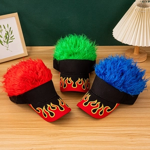 Funny visor cap with colorful synthetic hair and embroidered flame patterns in three colors