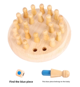Detail of wooden memory chess game with smooth pieces and color matching dice