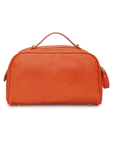Trousse de toilette portable orange en cuir PU avec poignée et fermeture éclair