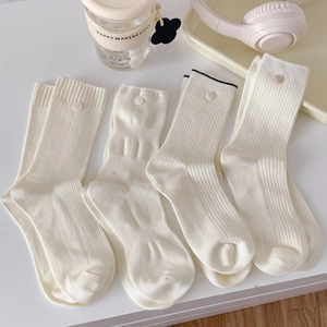 Cozy cream cotton knit mid-calf socks with decorative buttons in aesthetic style