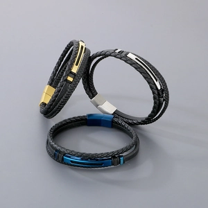 Men Braided Leather Bracelet Multi Layer Stainless Steel Magnetic Clasp Fashion Geometric Jewelry For Men