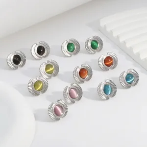 Fan Shaped Stud Earrings With Cat Eye Stone Inlaid Stainless Steel Jewelry For Women Exquisite Elegant Fashionable