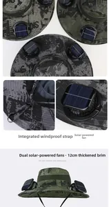 Detail of camouflaged fishing hat showing dual solar-powered fans and 12cm wide brim