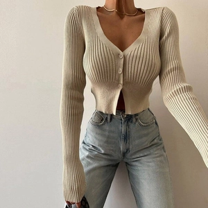 Slim fit beige knit cardigan for women with deep V-neck and long sleeves
