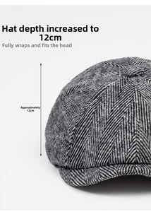 Detail shot of grey herringbone newsboy cap showing the deep 12cm crown construction