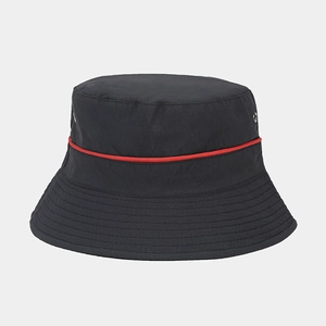 Detail of black waterproof bucket hat with red trim and metal ventilation eyelets