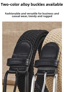 Close-up of woven elastic belts in black and khaki with durable alloy pin buckles