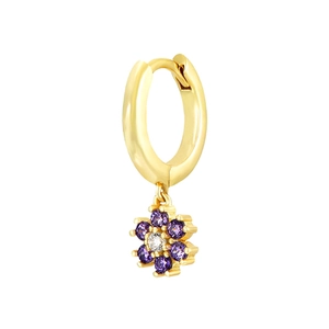 Detailed close-up of gold flower hoop earring with purple petals and zircon crystals