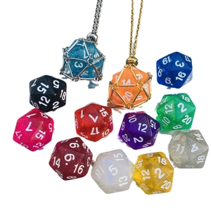Polished D20 polyhedral dice pendants in gold and silver metal cages with chains