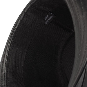 Close-up of the interior sweatband and size label inside the black felt fedora hat