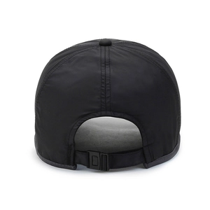 Rear view of black quick-dry sports baseball cap with adjustable strap and plastic buckle