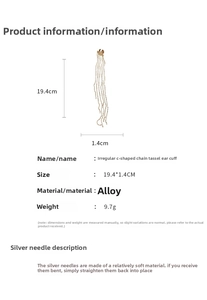 Detailed view of gold C-shape chain tassel ear cuff with size and material specifications