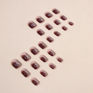 Short square ombre press-on nails in burgundy and pink with glossy finish 24pcs set