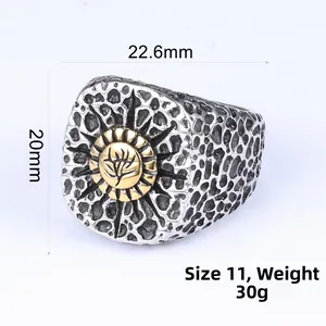 Macro detail of retro textured ring with golden floral motif and size dimensions
