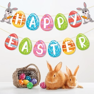 Happy Easter banner decoration set featuring colorful rabbit eggs on a white background