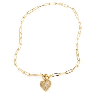 Gold paperclip chain necklace with heart pendant and toggle clasp in sparkling zircon