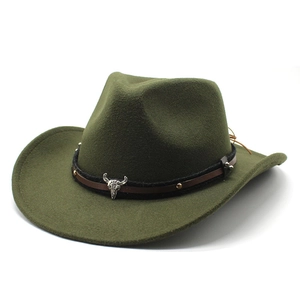 Western Cowboy Hat Wool Felt Fedora With Bull Skull Badge And Rivets Wide Brim Retro Ethnic Style For Men Women