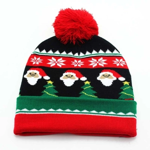 Christmas Knit Beanie Hat With Pompom Santa Claus Reindeer Snowflake Pattern Warm Winter Jacquard Knit Hat For Men Women Holiday