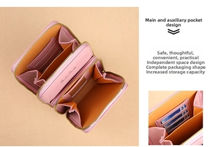 Detail view of pink crossbody phone bag showing multi-card slots and zipper compartments