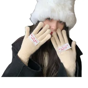 Winter thermal knit gloves and rabbit fur hat set in cream white for women