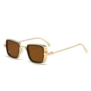 Retro square metal sunglasses in gold finish with thick frames and brown tinted lenses