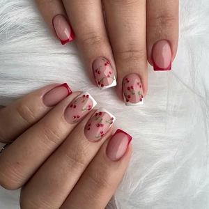 French Cherry Press On Nails Square Red Tip Artificial False Nails Removable ABS Plastic Cute Manicure For Women