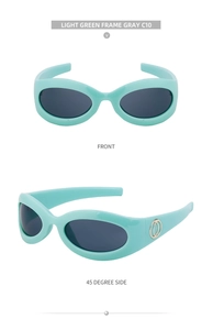 Front and side view of light green Y2K sporty sunglasses with gray lenses and metal logo