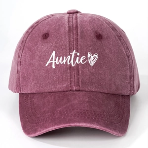 Vintage washed purple baseball cap with white Auntie text and heart embroidery