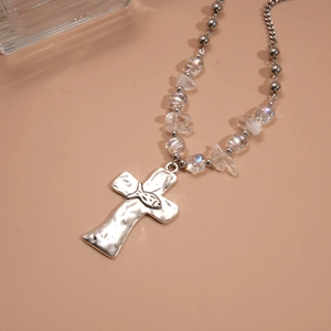 Vintage silver cross necklace with iridescent beads and Ichthys fish symbol charm