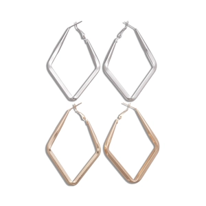Minimalist geometric rhombic hoop earrings in polished gold and silver metallic finishes