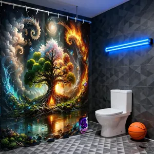 Detail view of fantasy tree shower curtain with vibrant dreamlike colors and metal hooks