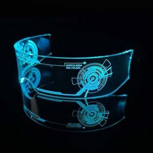 Detail of cyan LED cyberpunk glasses showing futuristic glowing textures on clear acrylic