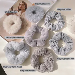 Set of 7 assorted plush faux fur scrunchies in winter grey and white neutral tones