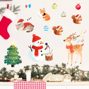 Christmas wall decal set featuring sleeping cat, fox, and tree for home holiday decoration