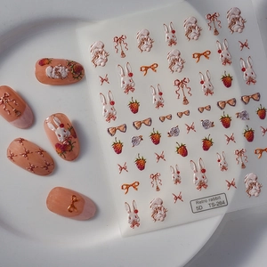 5D embossed nail art stickers featuring retro rabbits, strawberries, and bows