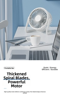 Close-up of a white portable desk fan with 5 blades and spiral grill on office desktop