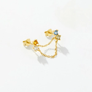 Detailed macro view of S925 silver double stud earrings with colorful cubic zirconia stones
