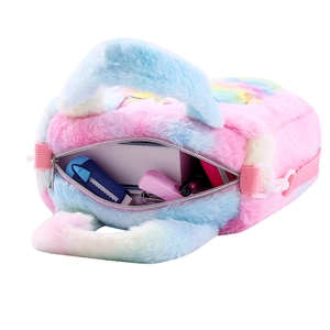 Rainbow gradient plush unicorn shoulder bag for girls showing spacious interior storage