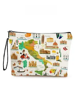 Detail of linen makeup bag with Italian map print featuring Tuscany and Sicily