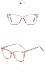 Detailed close-up of pink transparent cat eye frames with polished finish and sleek temples