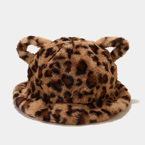 Detailed close-up of leopard print plush bucket hat with cute cat ears design