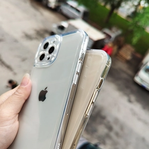 Detail view of clear protective case for iPhone showing reinforced camera lens protection