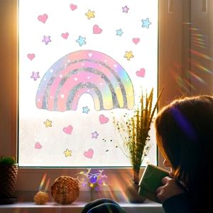 Rainbow prism static window film with colorful heart and star patterns for sun catching