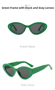 Detail view of green oval sunglasses with star rivets and wide temples on white background