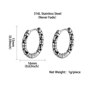 Retro 316L stainless steel textured hoop earrings in vintage silver for men and women