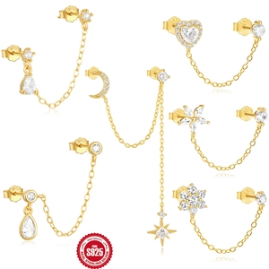 925 Sterling Silver Chain Stud Earrings Gold Plated Heart Moon Star Flower Cubic Zirconia Jewelry For Double Piercing