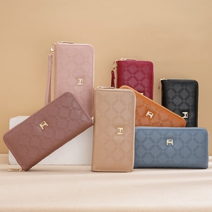 Women's long double zipper wallets with geometric embossed texture in multiple colors