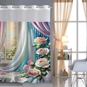Detail of waterproof double-layer shower curtain with digital floral and pearl printing