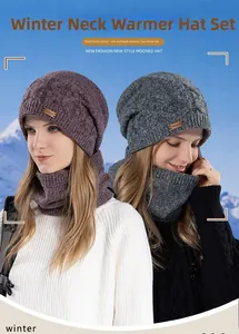 Close-up of winter knit beanie and scarf set with thick fleece lining for warmth