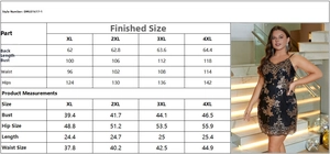 Detailed size chart for plus size sequin dress showing measurements for XL to 4XL sizes